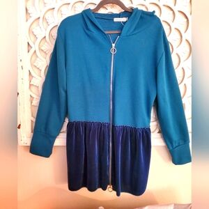 NWOT Z Avenue Teal Blue Velour and Chenille Zipper Hoodie Sweatshirt Medium